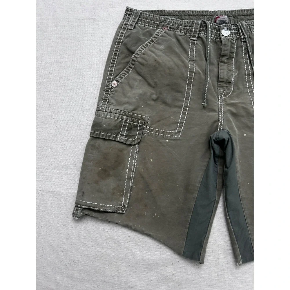 Vintage True Religion Cargo Shorts Men's 42 Olive Green Raw Hem Cut Off  USA Y2K